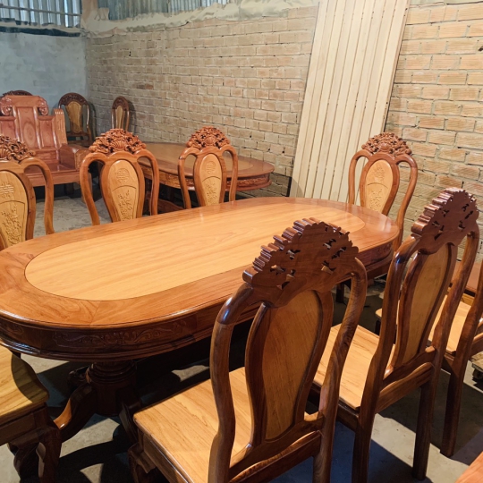 BÀN ĂN 8 GHẾ GỖ CĂM XE MẶT GÕ ĐỎ