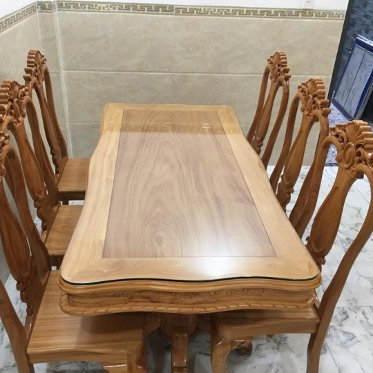 BÀN ĂN BÁNH TÂY  8 GHẾ GỖ CĂM XE MẶT GÕ ĐỎ